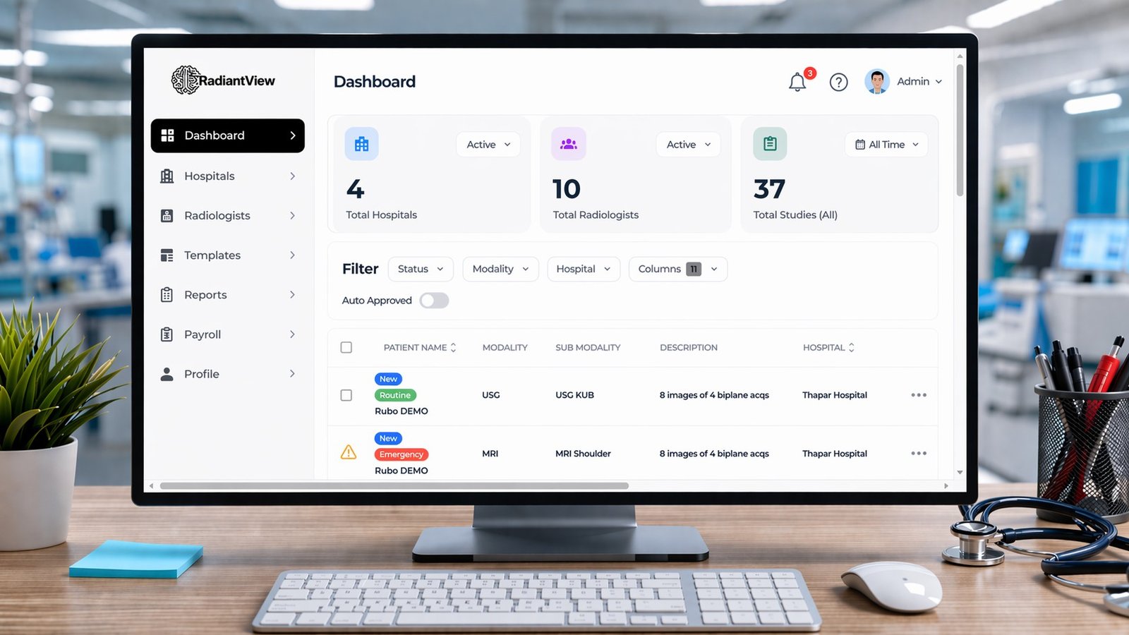 The RadiantView admin dashboard on a monitor