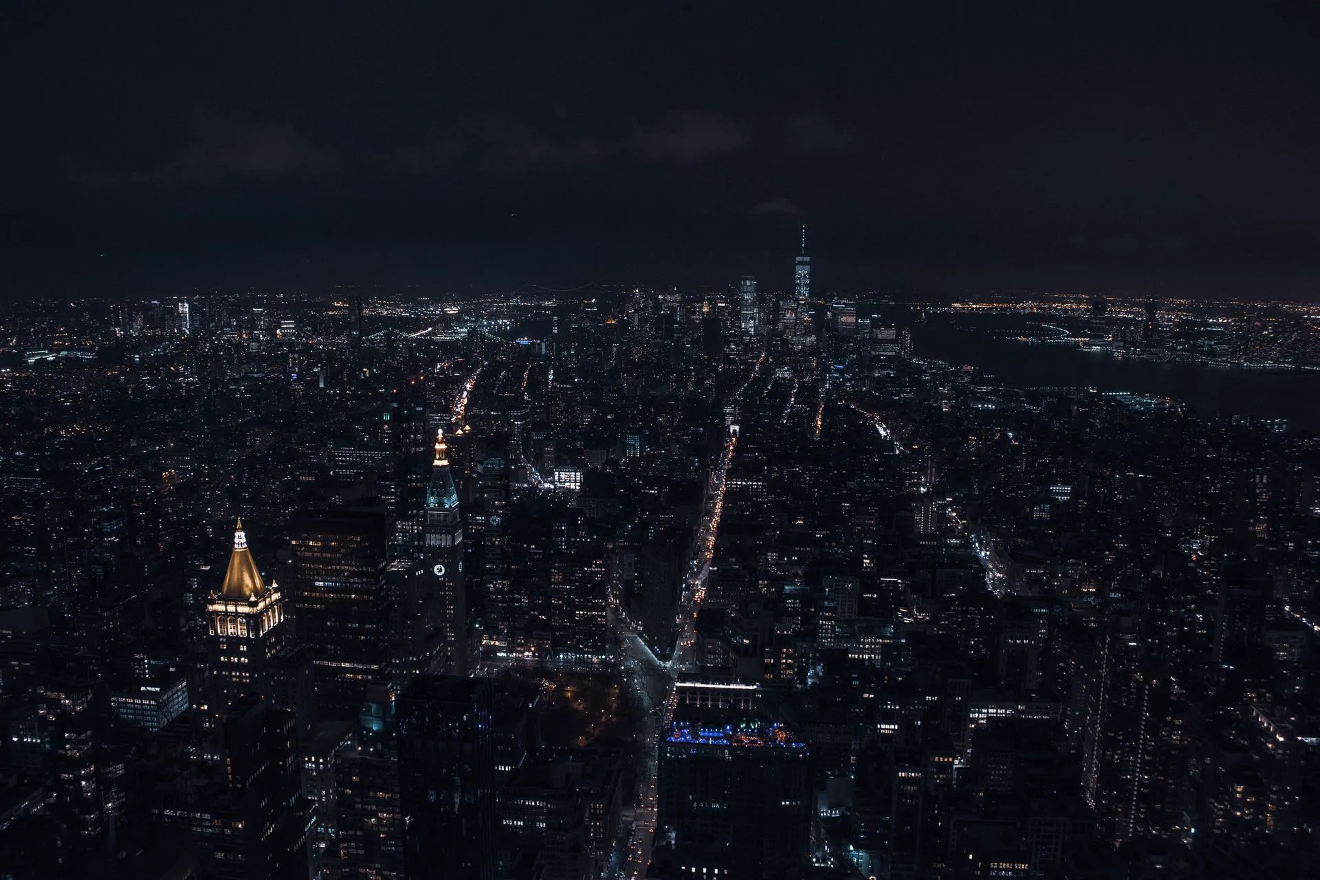 A city grid at night seen from the air