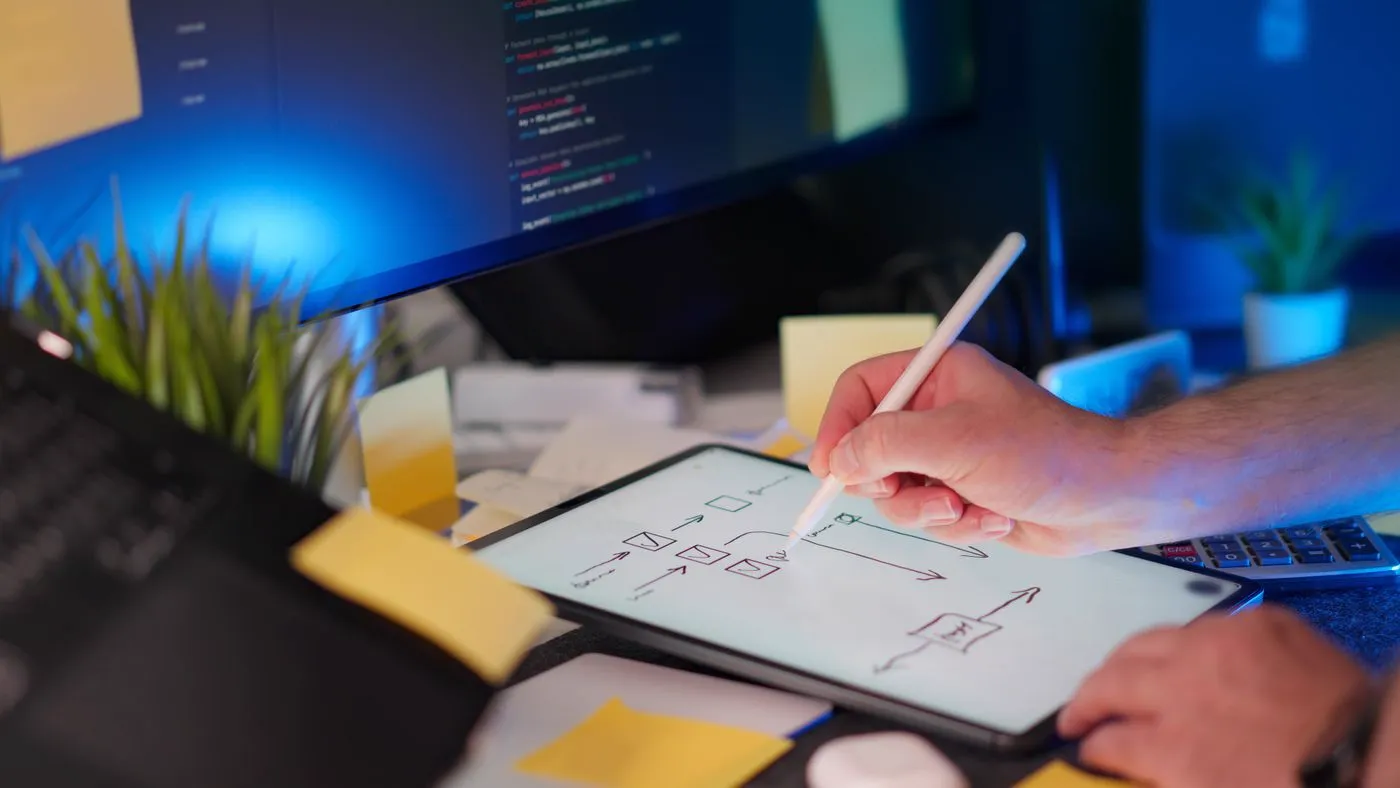 A hand sketching a diagram on a tablet beside a screen of code